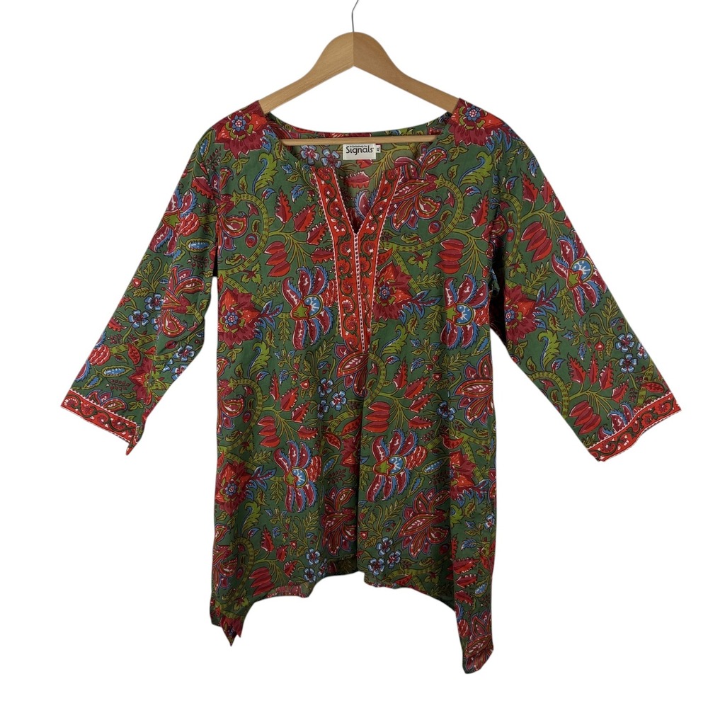 Signals Block Print Tunic‎ Top Size XL Multicolor 100% Cotton Hanky Hem Boho